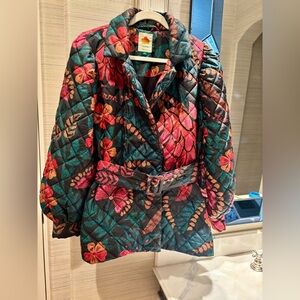FARM Rio Linen Floral Print Quilted Double Breasted Jacket Size Small EUC